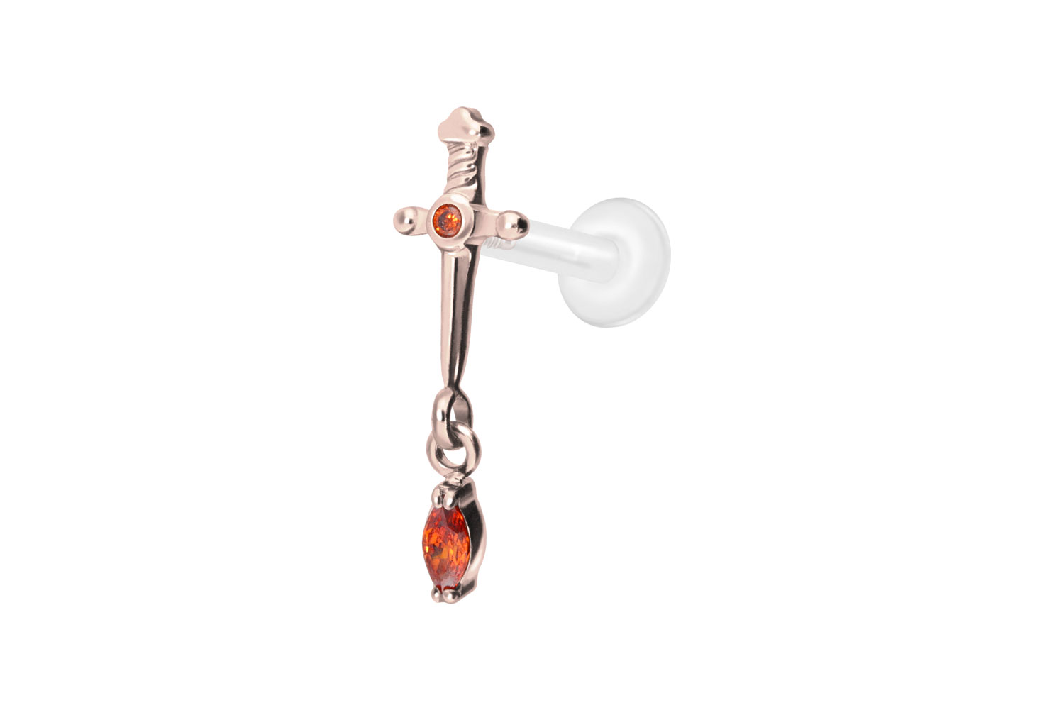 PTFE Labret Piercing mit Innengewinde + Titan-Aufsatz DOLCH + KRISTALLTROPFEN